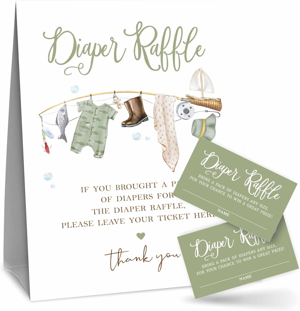 Fisherman Diaper Raffle Game Kit For Baby Shower- fishing Rod -1 Standing Sign & 50 Tickets, Decorations For Baby Shower, Gender Reveal, Gender Neutral, Baby Announcement, Party Favor & Supplies - A09